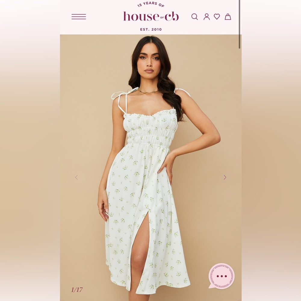 House of CB White Floral Midi Dress with Green Print